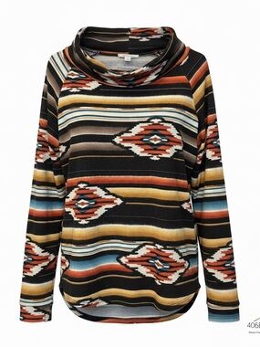 Cowl Neck Aztec Stripe Pullover Sweater - Black/Multi